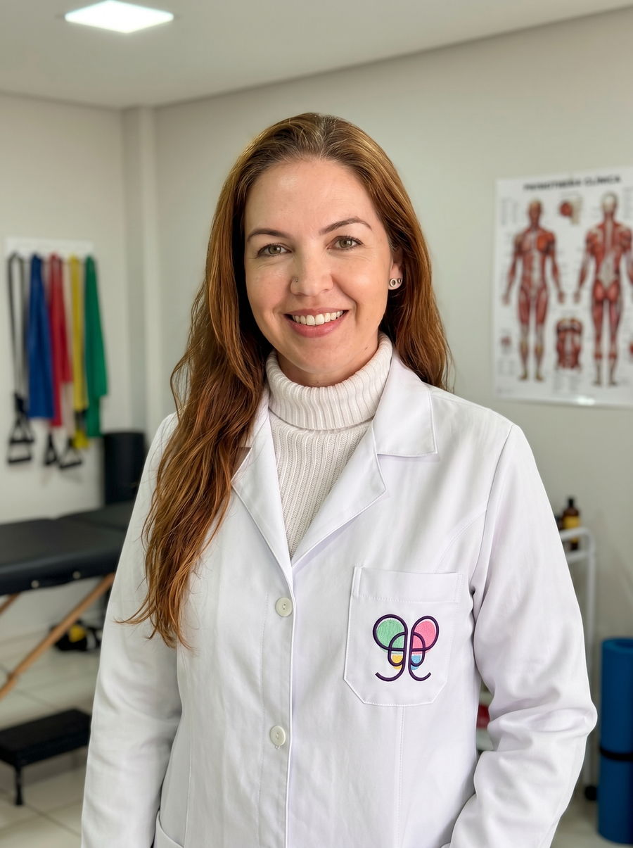 Tatiana Safra, fisioterapeuta pediátrica, sorrindo em seu ambiente de trabalho